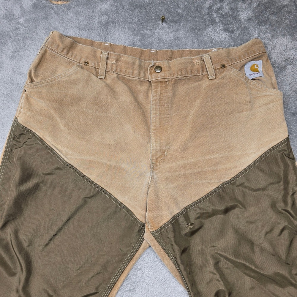 Vintage Carhartt Hunting Pants Mens 42x32 Tan Canvas Brush Guard Made in USA - Picture 5 of 14